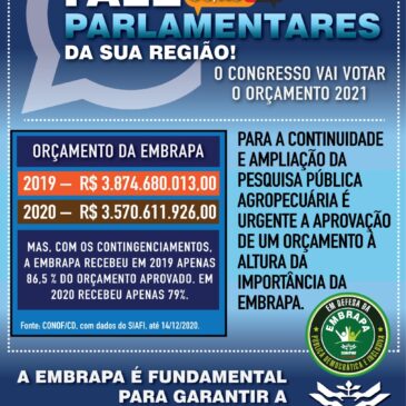 Levantamento do SINPAF aponta redução orçamentária da Embrapa; Congresso votará orçamento esta semana